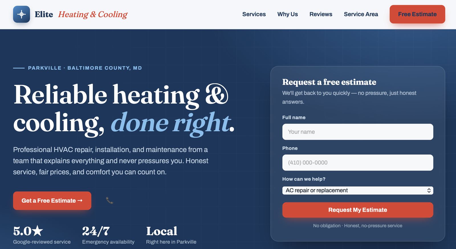 Elite Heating and Cooling — sample mockup homepage