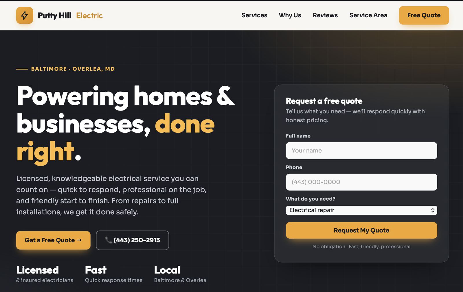 Putty Hill Electric — sample mockup homepage