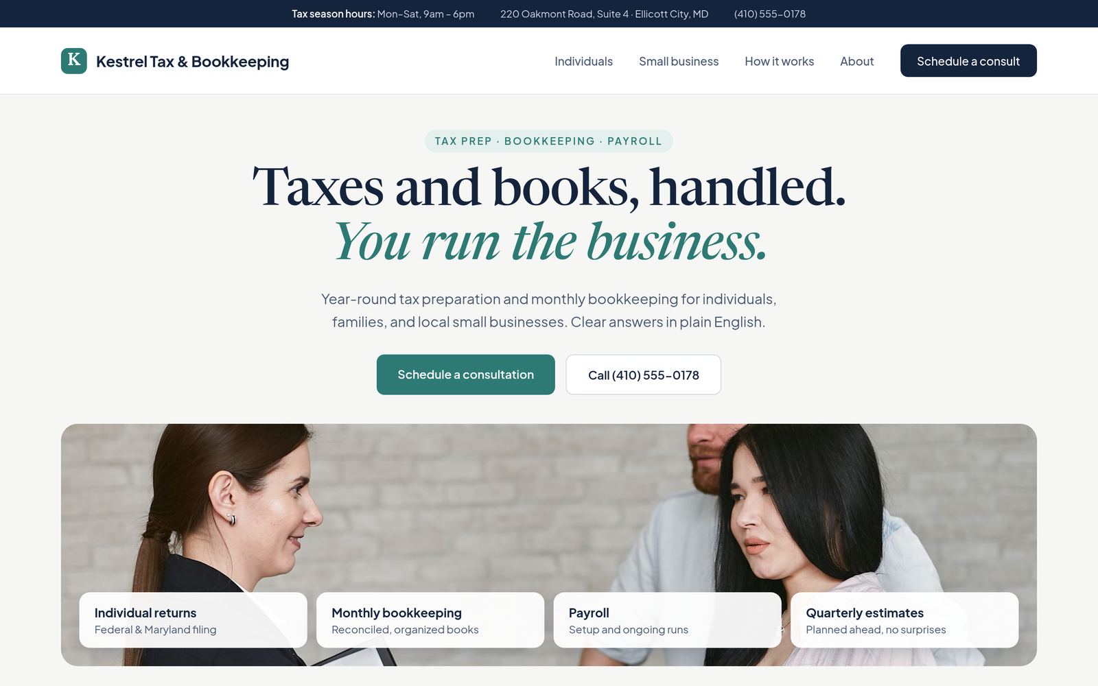 Kestrel Tax & Bookkeeping sample mockup homepage