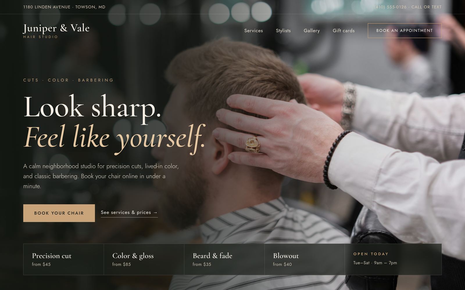 Juniper & Vale Hair Studio sample mockup homepage